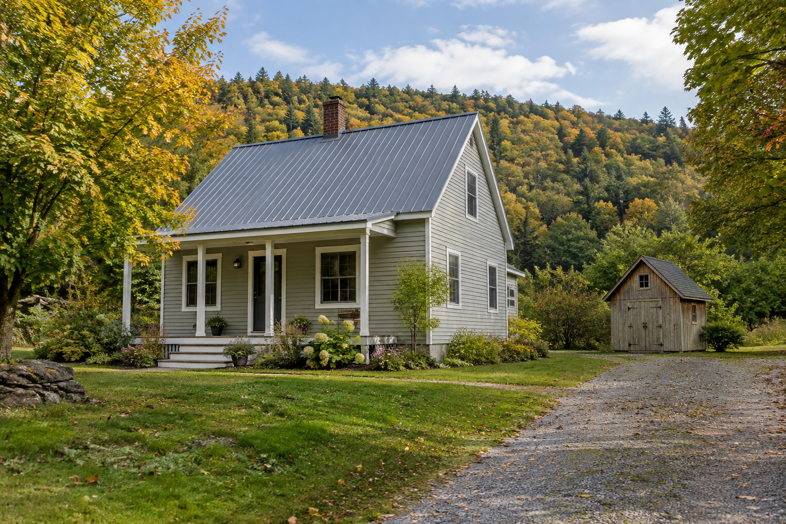 Rural house with a gravel driveway and wooded surroundings in Corinth, Vermont.