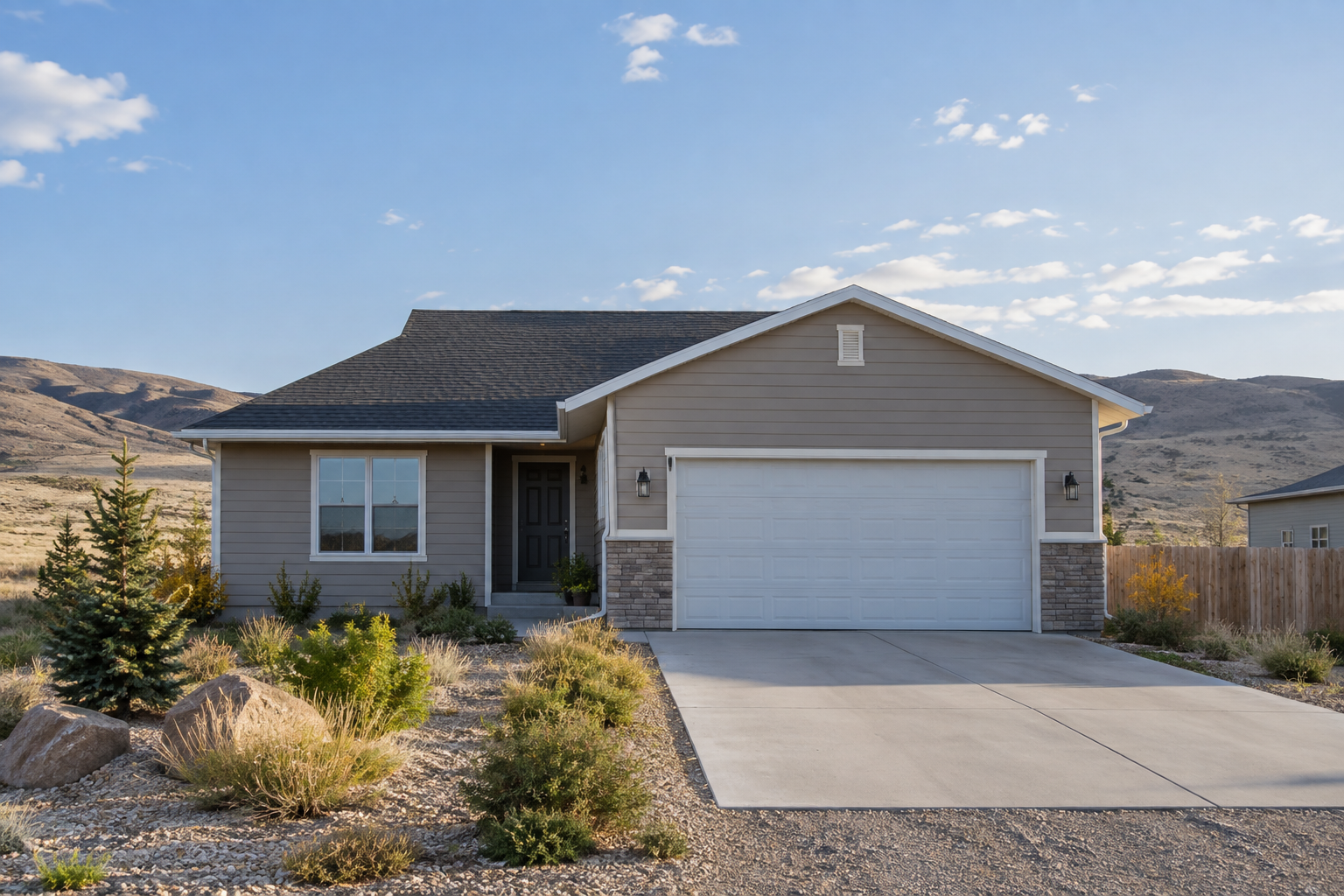 A modest house with a clear driveway and high-desert landscaping in Kemmerer, Wyoming.
