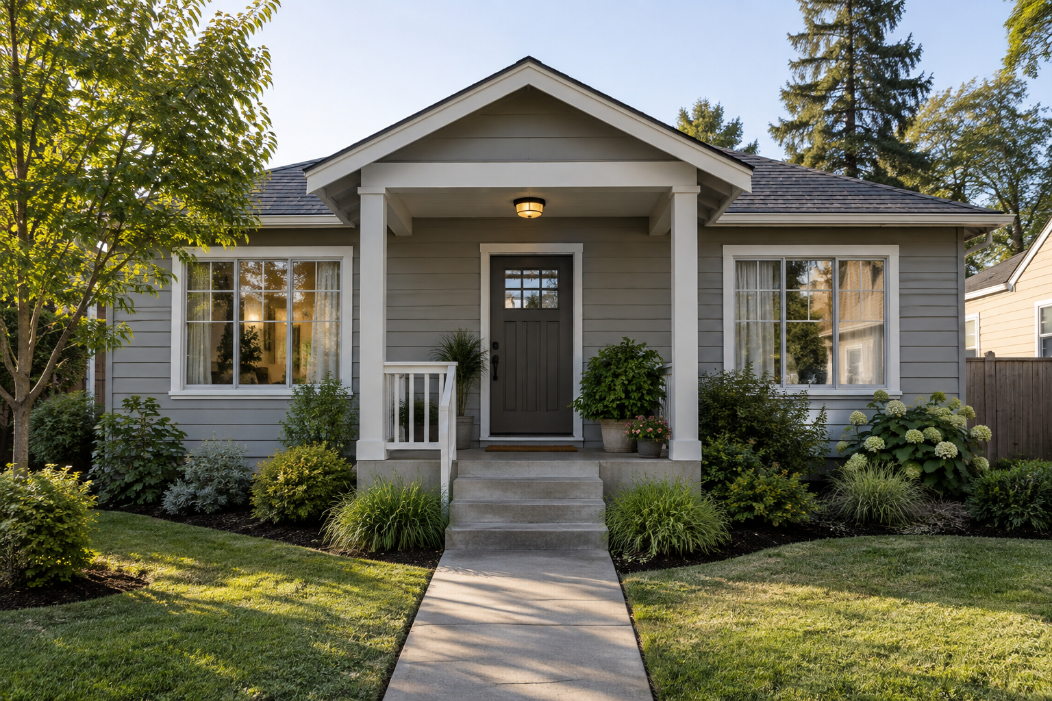 Well-maintained rental house with potted plants and curtains, viewed from the front walkway.