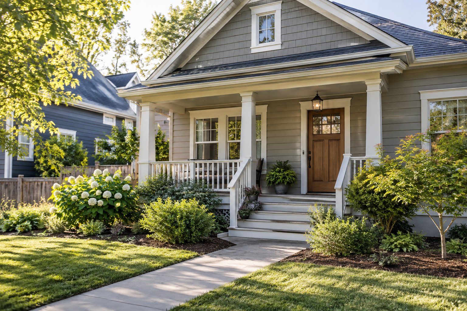 Modest home with a front porch and walkway in soft morning light.