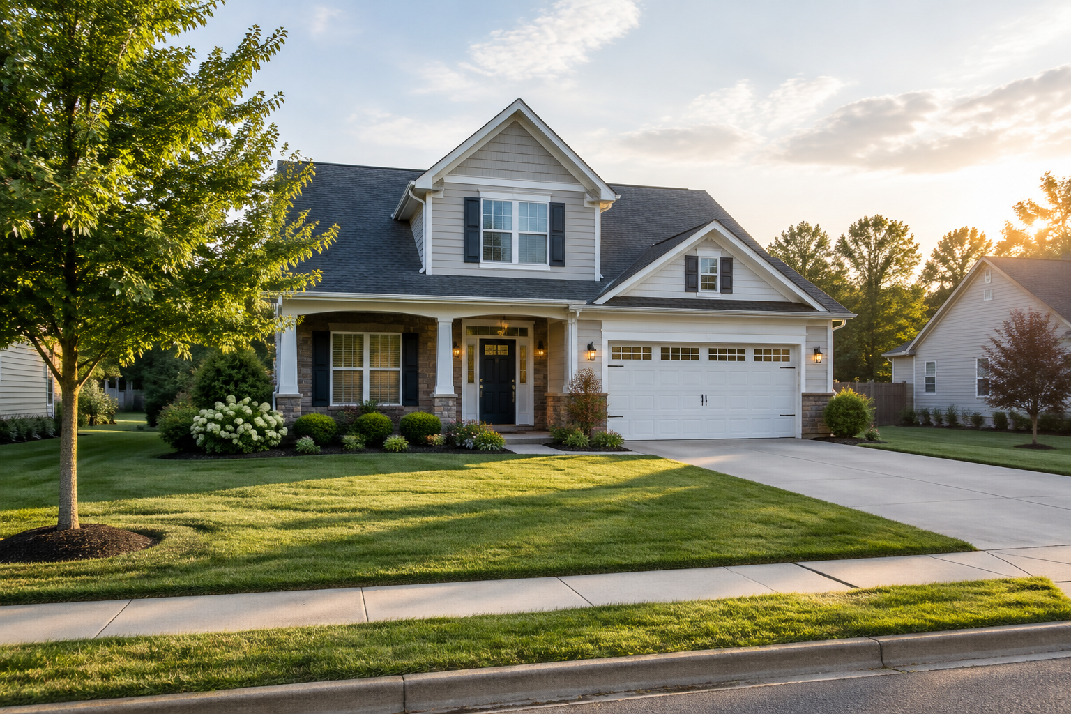Suburban house with tidy curb appeal in warm evening light