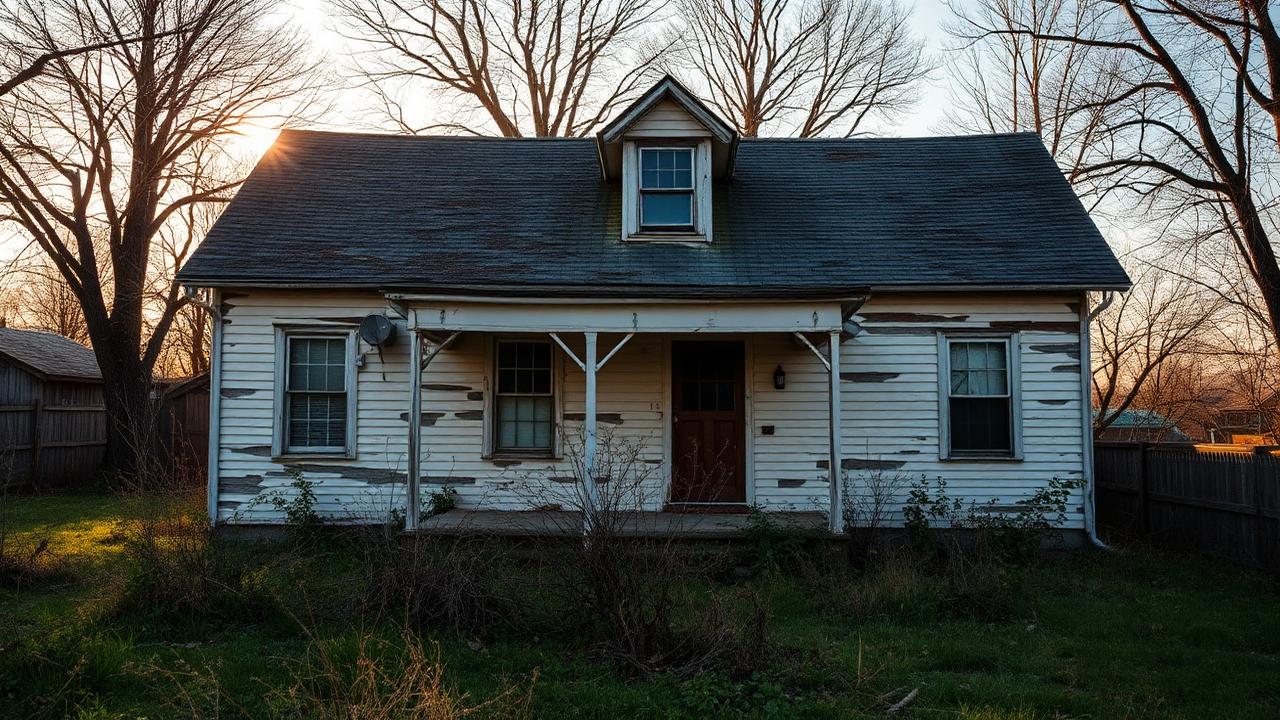 Older American home with peeling white paint and an overgrown yard at dusk.
