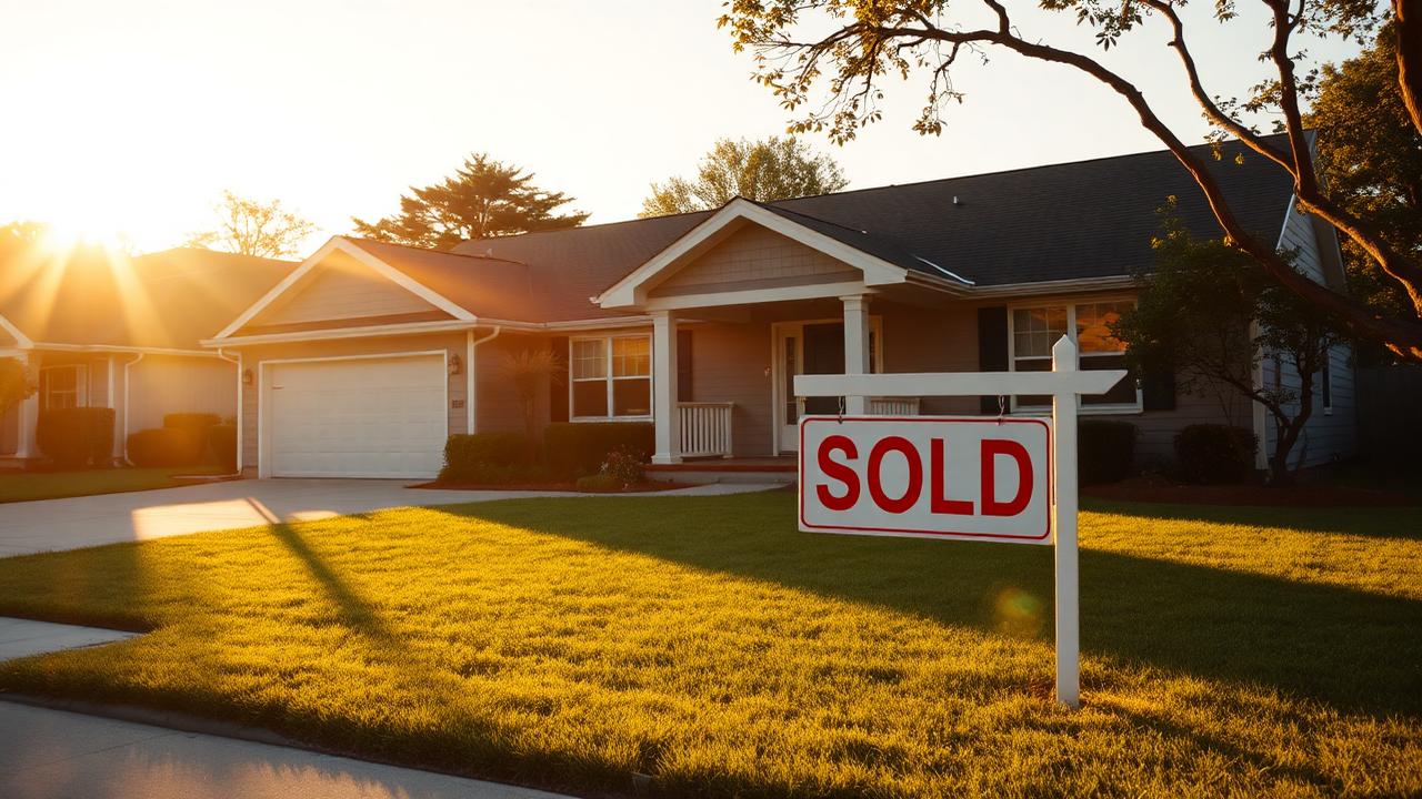Suburban home with a red SOLD sign in the front yard at golden hour.