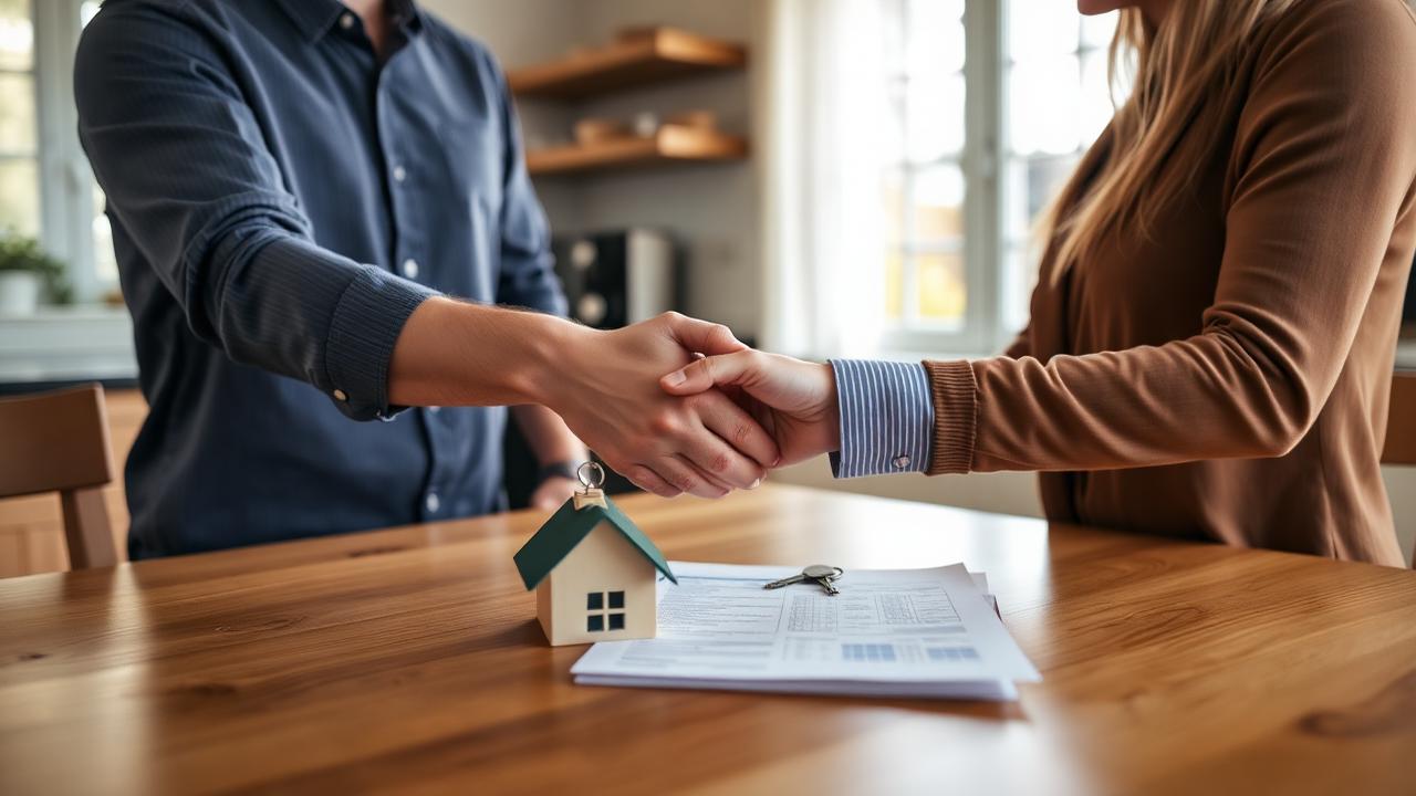 Two people shaking hands across a kitchen table with a small house model and paperwork.