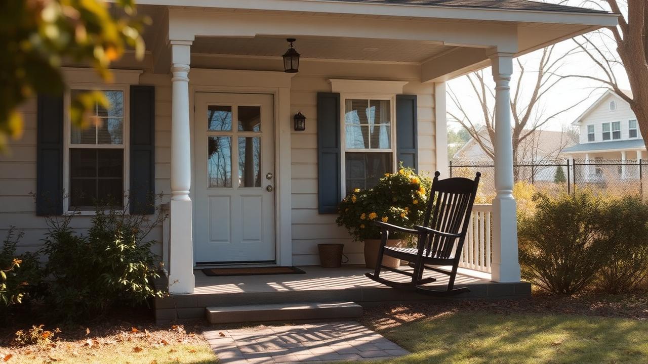 Quiet inherited family home with a rocking chair on the front porch in soft morning light.