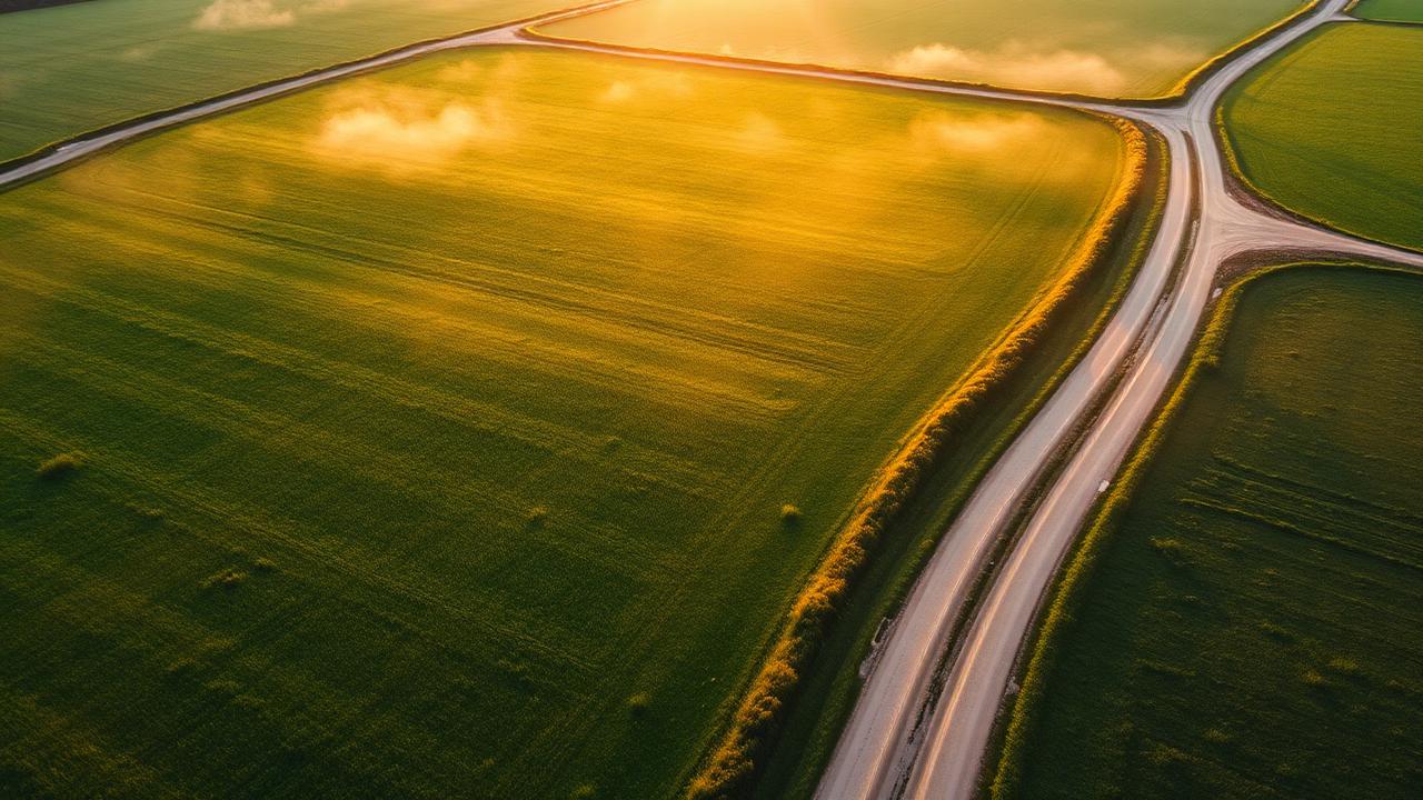 Aerial view of green pastureland and a winding country road at sunrise.